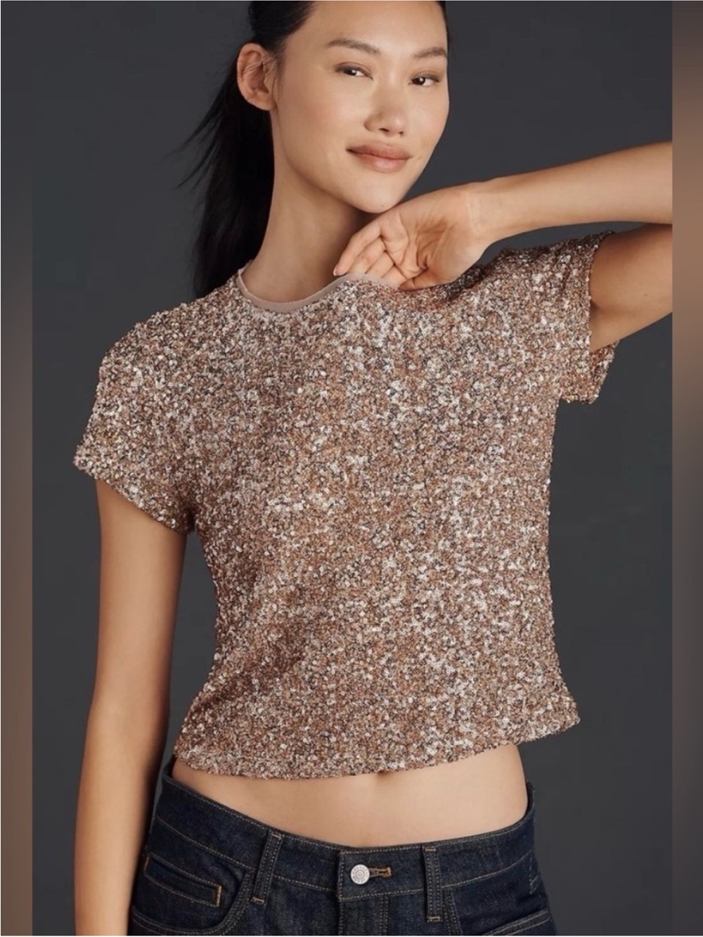 Maeve Anthropologie Sequin Muscle T-Shirt Size M Sand Gold Sparkle